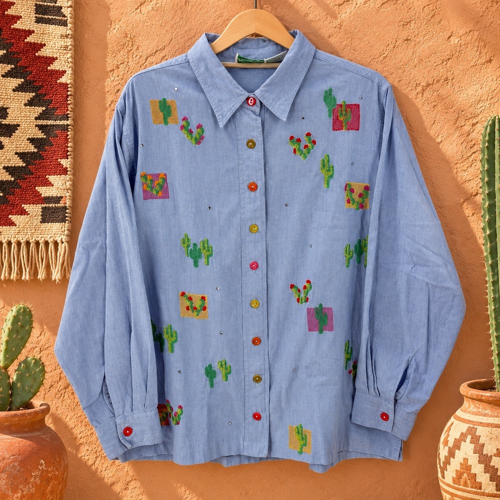 vintage Quacker Factory Button Up Shirt Cactus Embroidered L Blue Western Boho